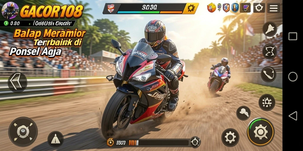 Screenshot gameplay GACOR108 menampilkan balapan motor yang menegangkan.