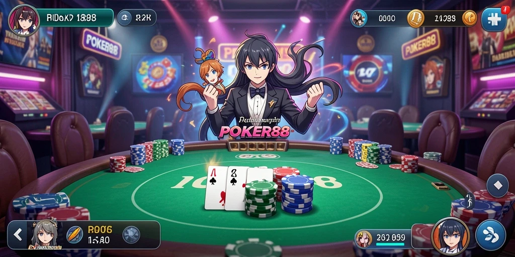Screenshot permainan POKER88 yang menampilkan aksi seru karakter anime.
