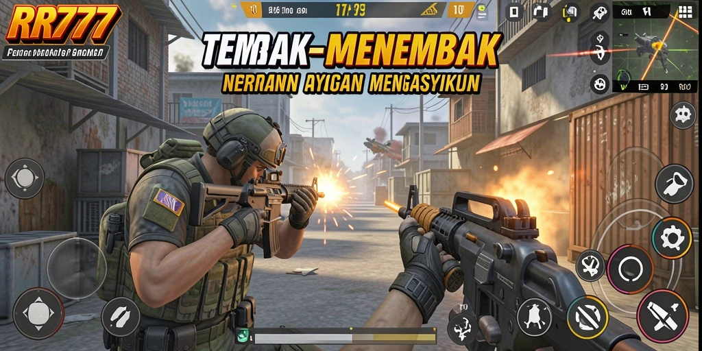 Skrinsut gameplay RR777 dengan aksi tembak-menembak yang intens.