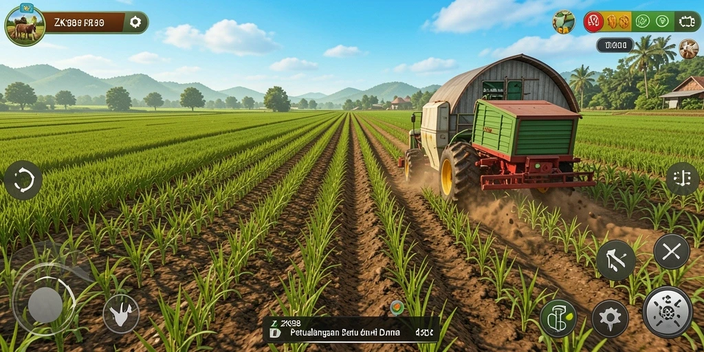 Tampilan gameplay ZK988 yang menampilkan kebun yang subur.